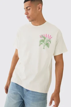 Oversized Miami Plant Print Wash T-shirt | BoohooMAN UK