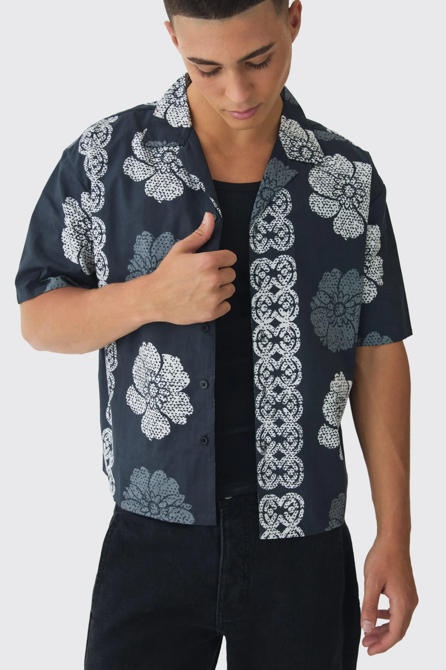 Oversized Monogram Flower Print Poplin Shirt | BoohooMAN UK