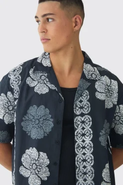 Oversized Monogram Flower Print Poplin Shirt | BoohooMAN UK