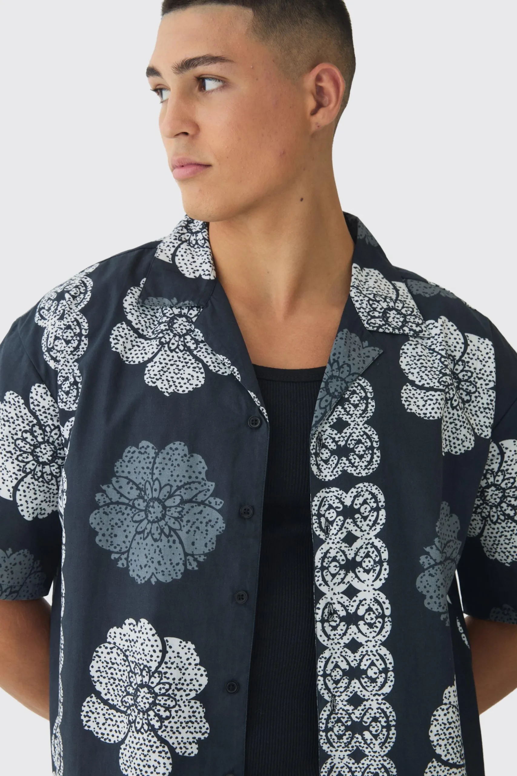 Oversized Monogram Flower Print Poplin Shirt | BoohooMAN UK