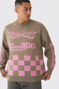 Oversized Moto Graphic Jumper In Brown | BoohooMAN UK