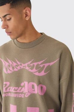 Oversized Moto Graphic Jumper In Brown | BoohooMAN UK