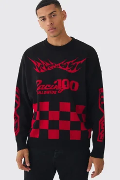 Oversized Moto Graphic Jumper In Black | BoohooMAN UK
