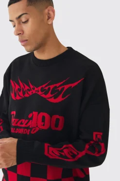 Oversized Moto Graphic Jumper In Black | BoohooMAN UK