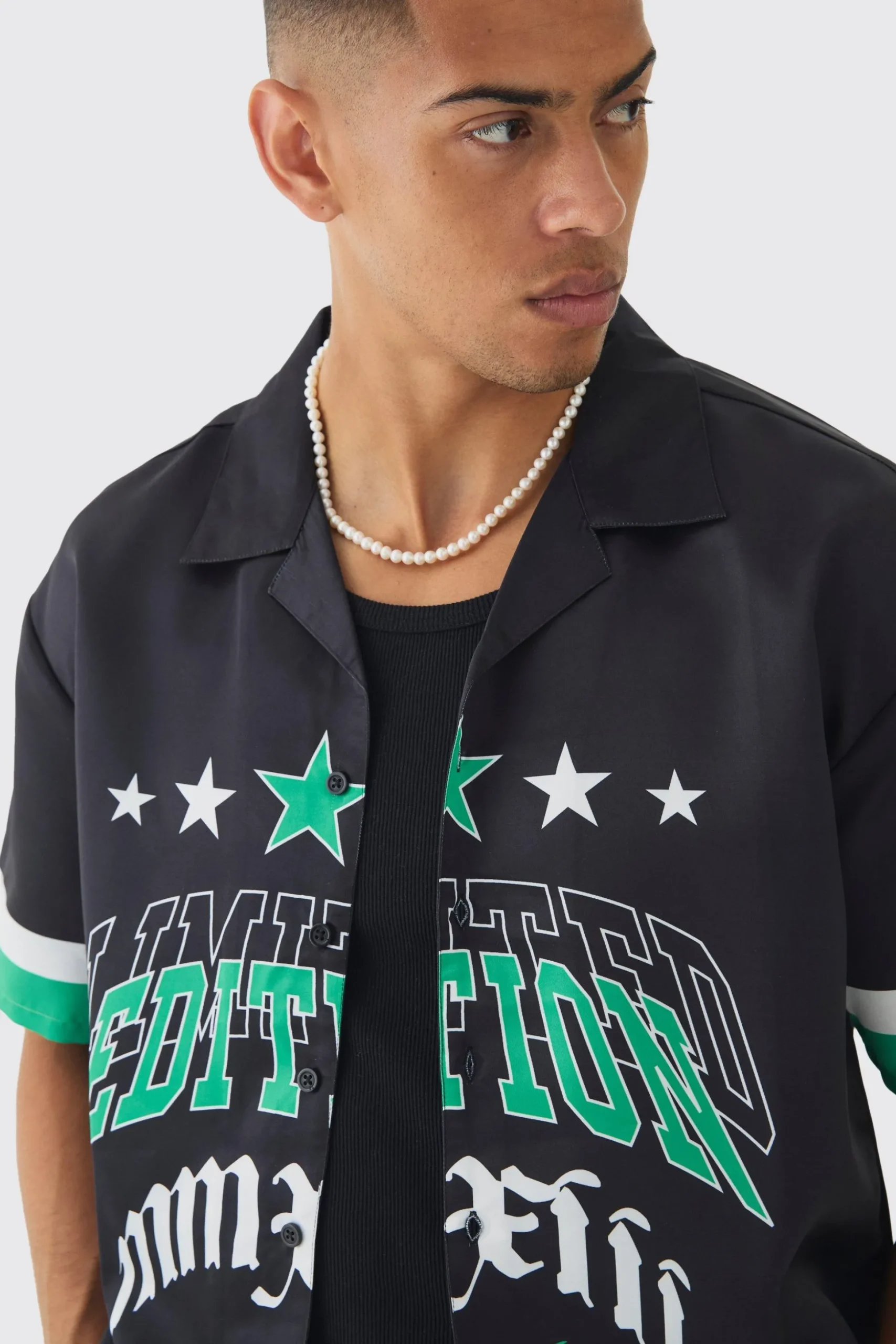 Oversized Moto Graphic Satin Shirt | BoohooMAN UK