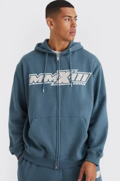 Oversized Moto Print Zip Through Hoodie | BoohooMAN UK