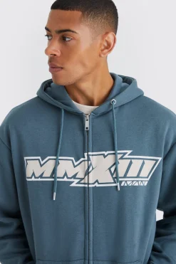 Oversized Moto Print Zip Through Hoodie | BoohooMAN UK