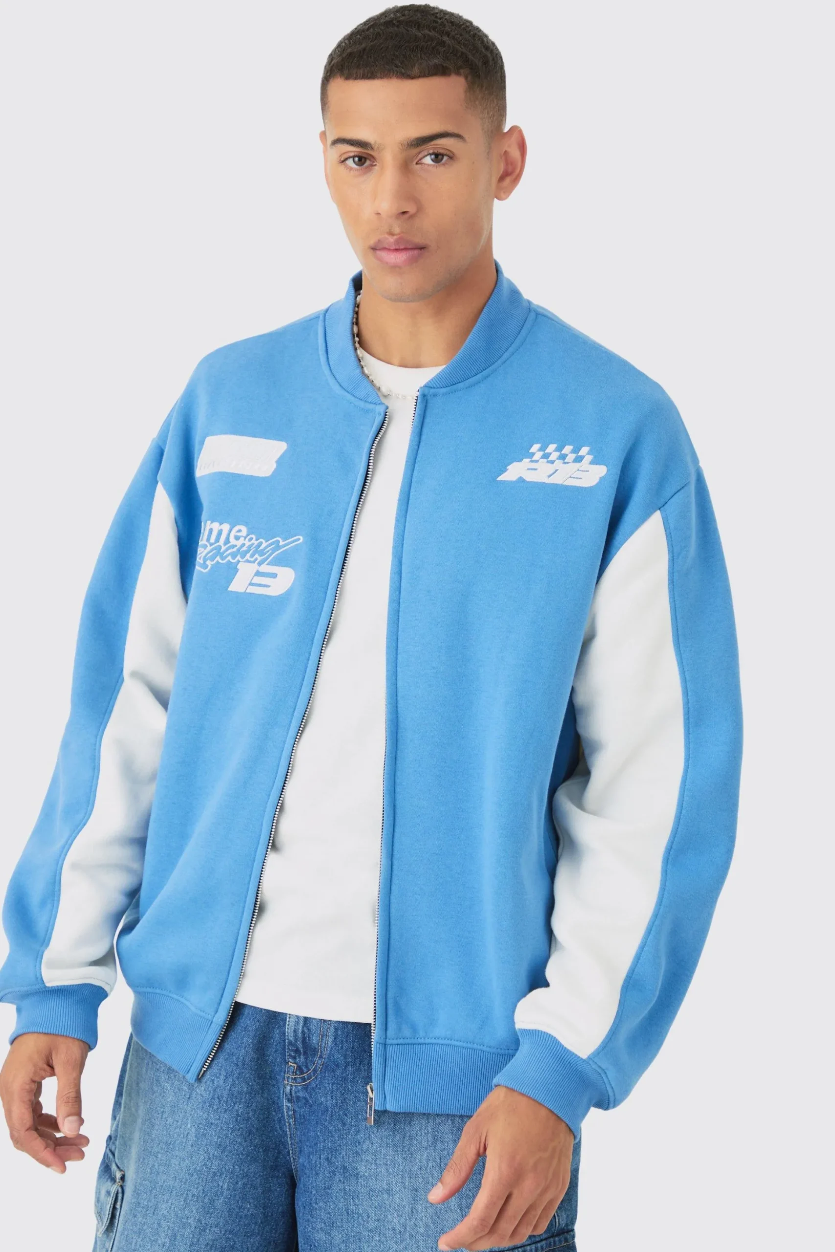 Oversized Moto Sport Applique Jersey Bomber Jacket | BoohooMAN UK