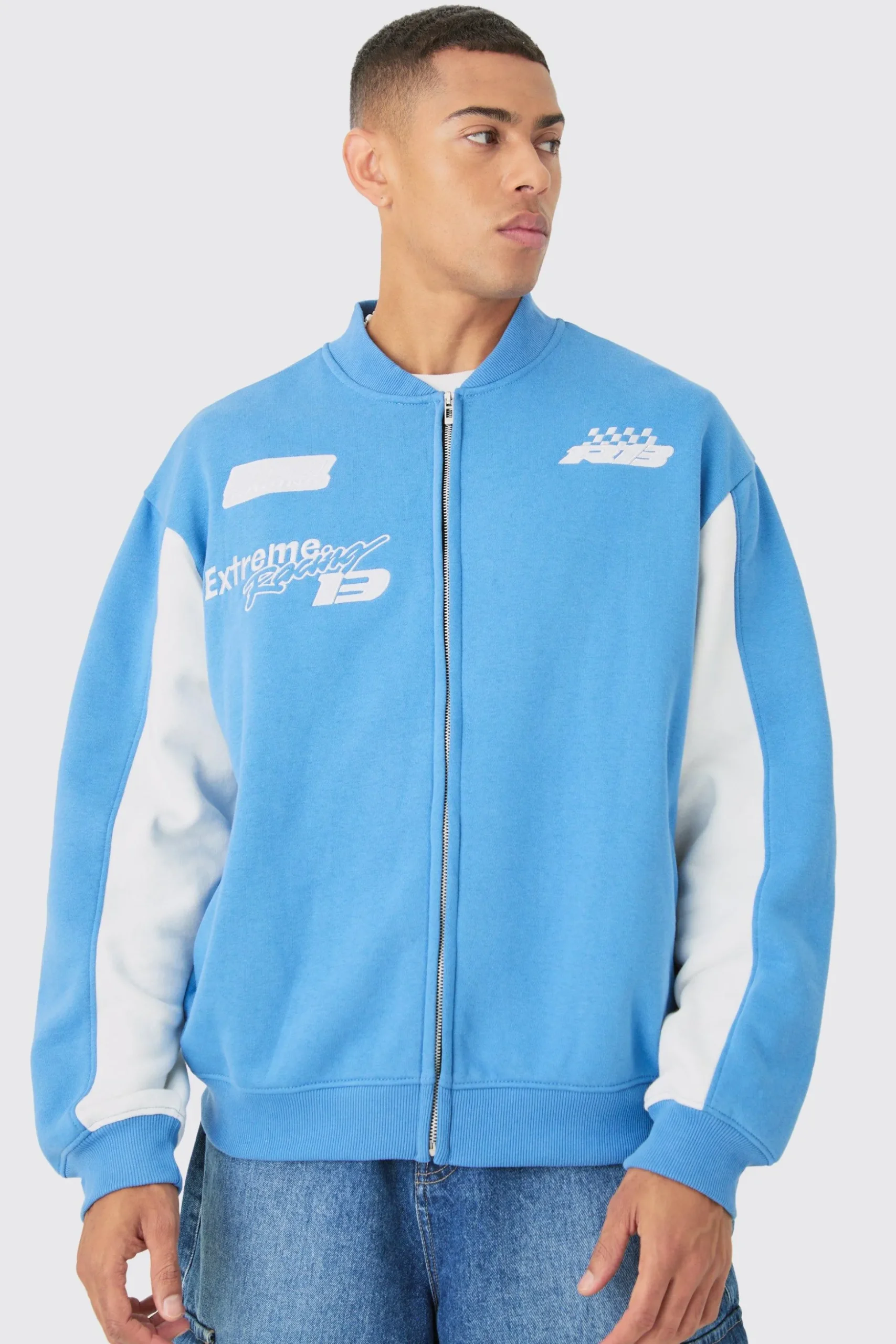 Oversized Moto Sport Applique Jersey Bomber Jacket | BoohooMAN UK