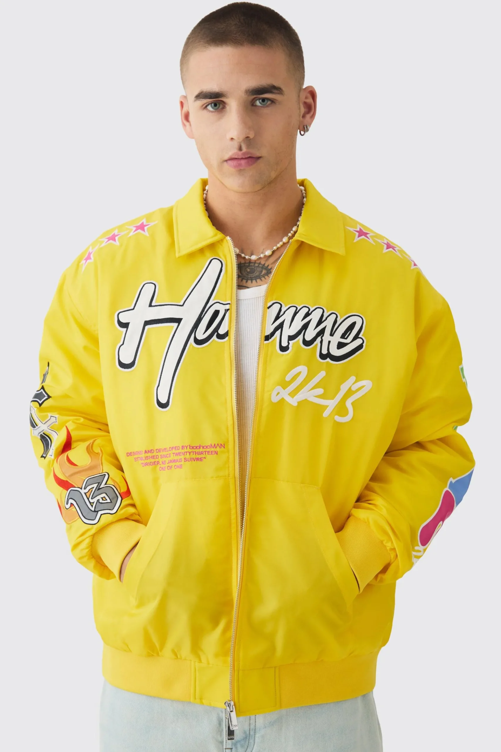 Oversized Multi Badge Nylon Varsity Bomber Jacket In Yellow | BoohooMAN UK