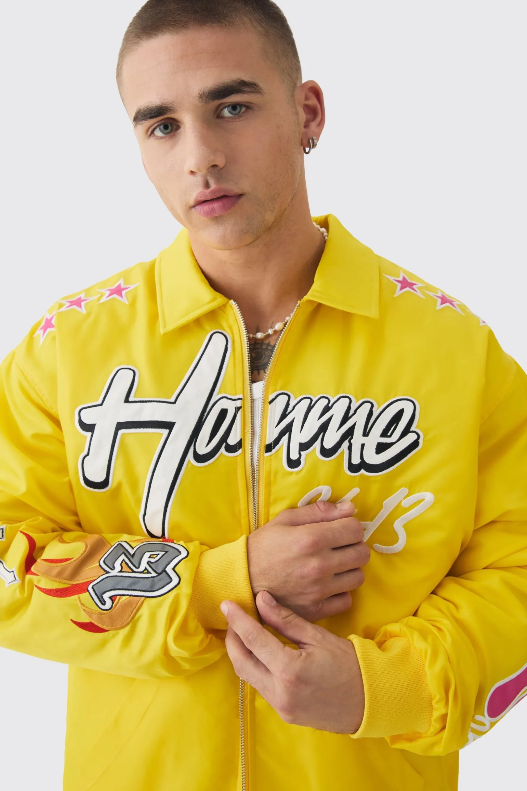 Oversized Multi Badge Nylon Varsity Bomber Jacket In Yellow | BoohooMAN UK