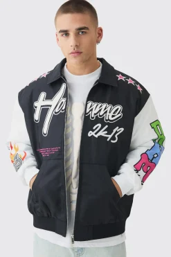 Oversized Multi Badge Nylon Varsity Bomber Jacket In Black | BoohooMAN UK