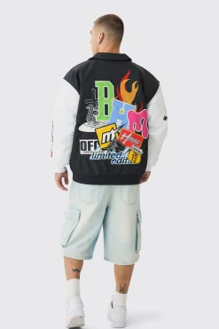Oversized Multi Badge Nylon Varsity Bomber Jacket In Black | BoohooMAN UK