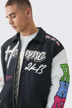 Oversized Multi Badge Nylon Varsity Bomber Jacket In Black | BoohooMAN UK