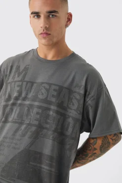Oversized Newspaper Vintage Washed Graphic T-shirt | BoohooMAN UK