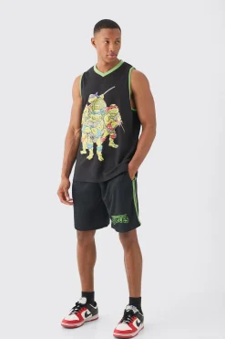 Oversized Ninja Turtles License Vest And Mesh Short Set | BoohooMAN UK