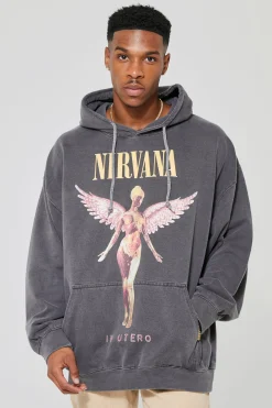 Oversized Nirvana Washed License Hoodie | BoohooMAN UK