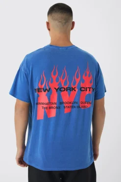 Oversized NYC Washed Flame Back Print T-Shirt | BoohooMAN UK