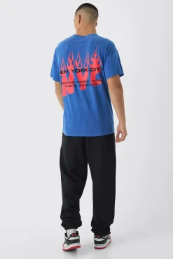 Oversized NYC Washed Flame Back Print T-Shirt | BoohooMAN UK