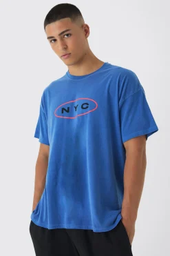 Oversized NYC Washed Flame Back Print T-Shirt | BoohooMAN UK