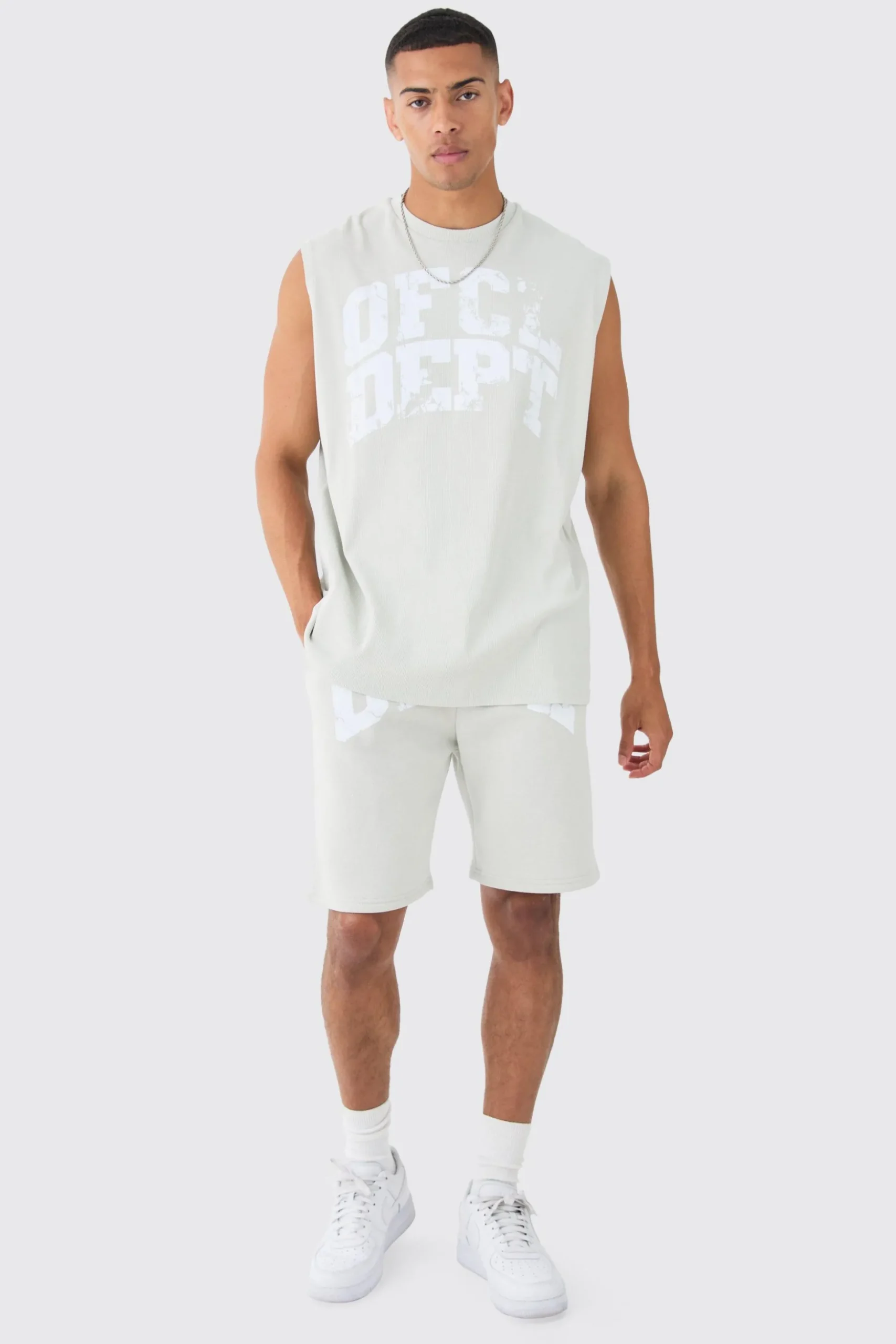 Oversized OFCL Dept Rib Printed Tank & Shorts Set | BoohooMAN UK