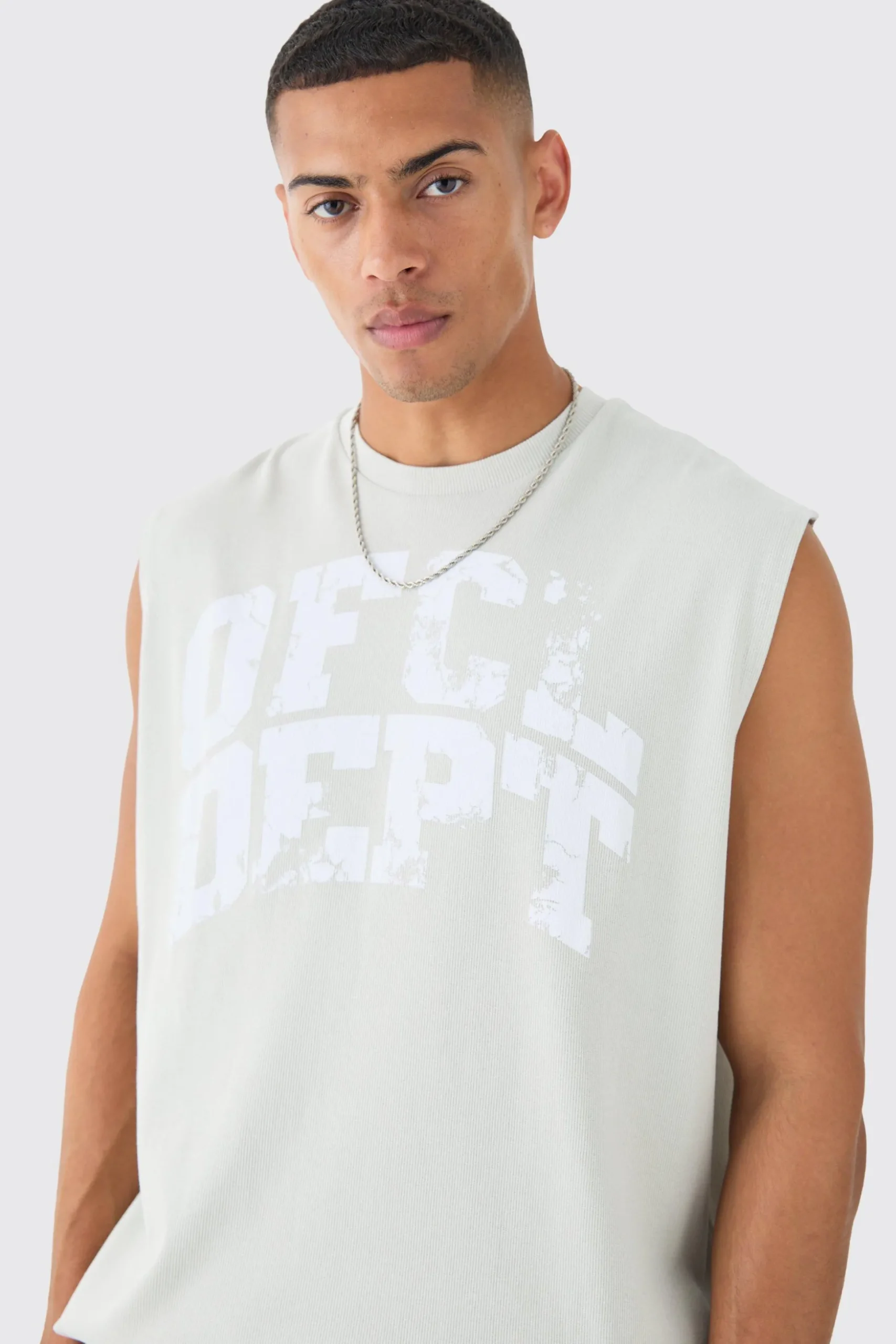 Oversized OFCL Dept Rib Printed Tank & Shorts Set | BoohooMAN UK