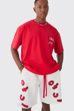 Oversized OFCL Puff Print T-shirt And Short Set | BoohooMAN UK