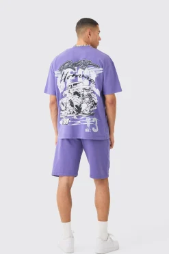 Oversized Ofcl Racing Washed T-shirt & Long Length Shorts | BoohooMAN UK