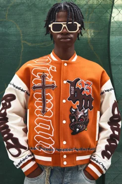 Oversized Ofcl Rose Varsity Jacket In Orange | BoohooMAN UK