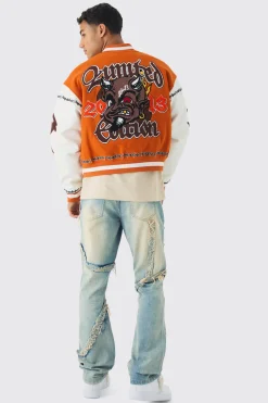 Oversized Ofcl Rose Varsity Jacket In Orange | BoohooMAN UK