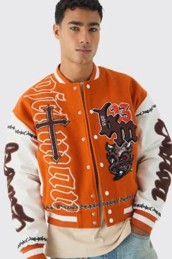 Oversized Ofcl Rose Varsity Jacket In Orange | BoohooMAN UK