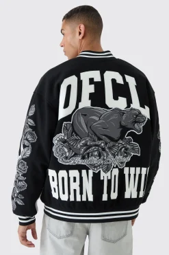 Oversized OFCL Rose Varsity Jacket In Black | BoohooMAN UK