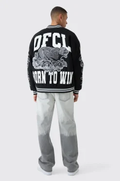 Oversized OFCL Rose Varsity Jacket In Black | BoohooMAN UK