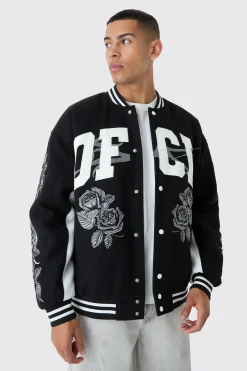Oversized OFCL Rose Varsity Jacket In Black | BoohooMAN UK