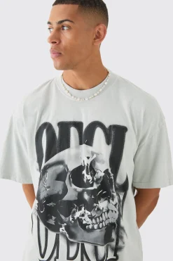 Oversized OFCL Skull Print Wash T-shirt | BoohooMAN UK