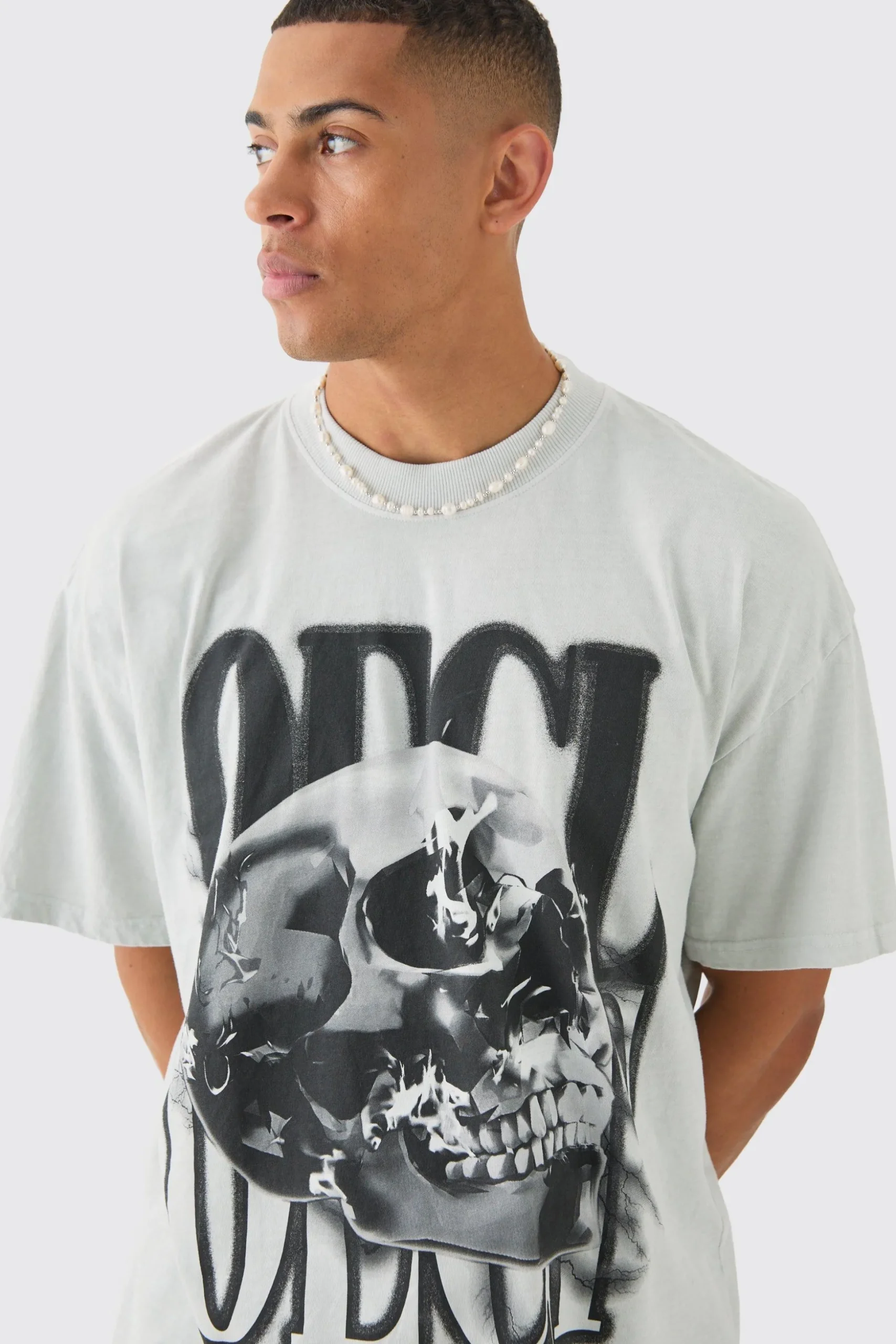Oversized OFCL Skull Print Wash T-shirt | BoohooMAN UK
