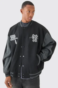 Oversized Official Colour Block Varsity Jacket In Black | BoohooMAN UK