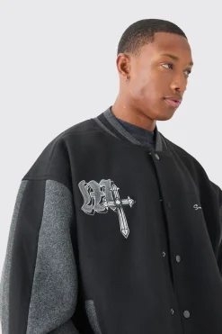 Oversized Official Colour Block Varsity Jacket In Black | BoohooMAN UK