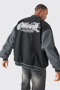 Oversized Official Colour Block Varsity Jacket In Black | BoohooMAN UK
