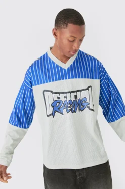 Oversized Official Racing Stripe Long Sleeve Varsity Mesh Top | BoohooMAN UK