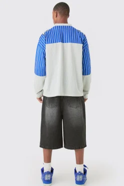 Oversized Official Racing Stripe Long Sleeve Varsity Mesh Top | BoohooMAN UK