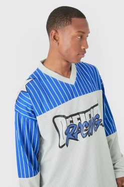 Oversized Official Racing Stripe Long Sleeve Varsity Mesh Top | BoohooMAN UK