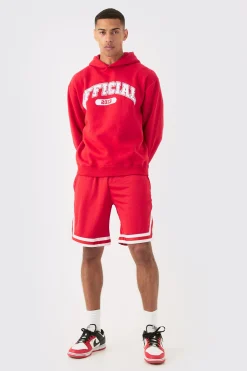 Oversized Official Varsity Hoodie And Basketball Short Tracksuit | BoohooMAN UK