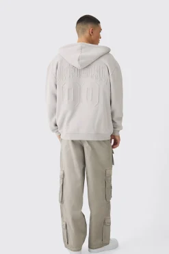 Oversized Official Varsity Embossed Zip Through Hoodie | BoohooMAN UK