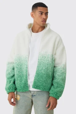 Oversized Ombre Borg Funnel Neck Jacket In Green | BoohooMAN UK