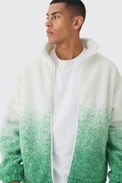 Oversized Ombre Borg Funnel Neck Jacket In Green | BoohooMAN UK