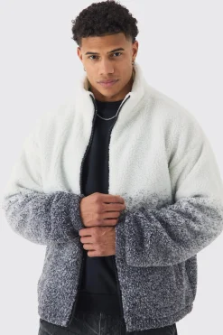 Oversized Ombre Borg Funnel Neck Jacket In Black | BoohooMAN UK