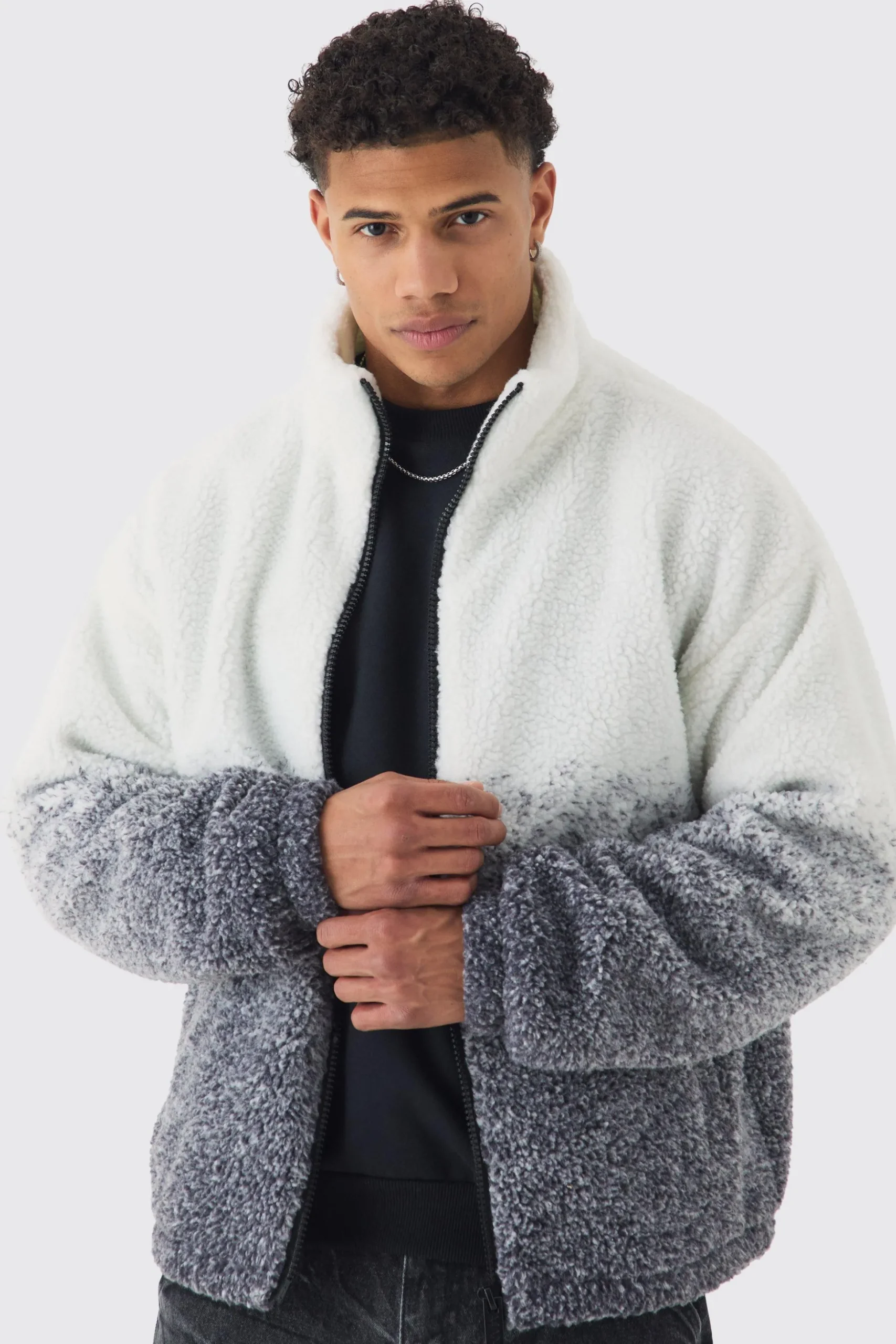 Oversized Ombre Borg Funnel Neck Jacket In Black | BoohooMAN UK