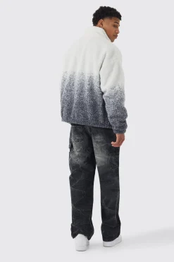 Oversized Ombre Borg Funnel Neck Jacket In Black | BoohooMAN UK