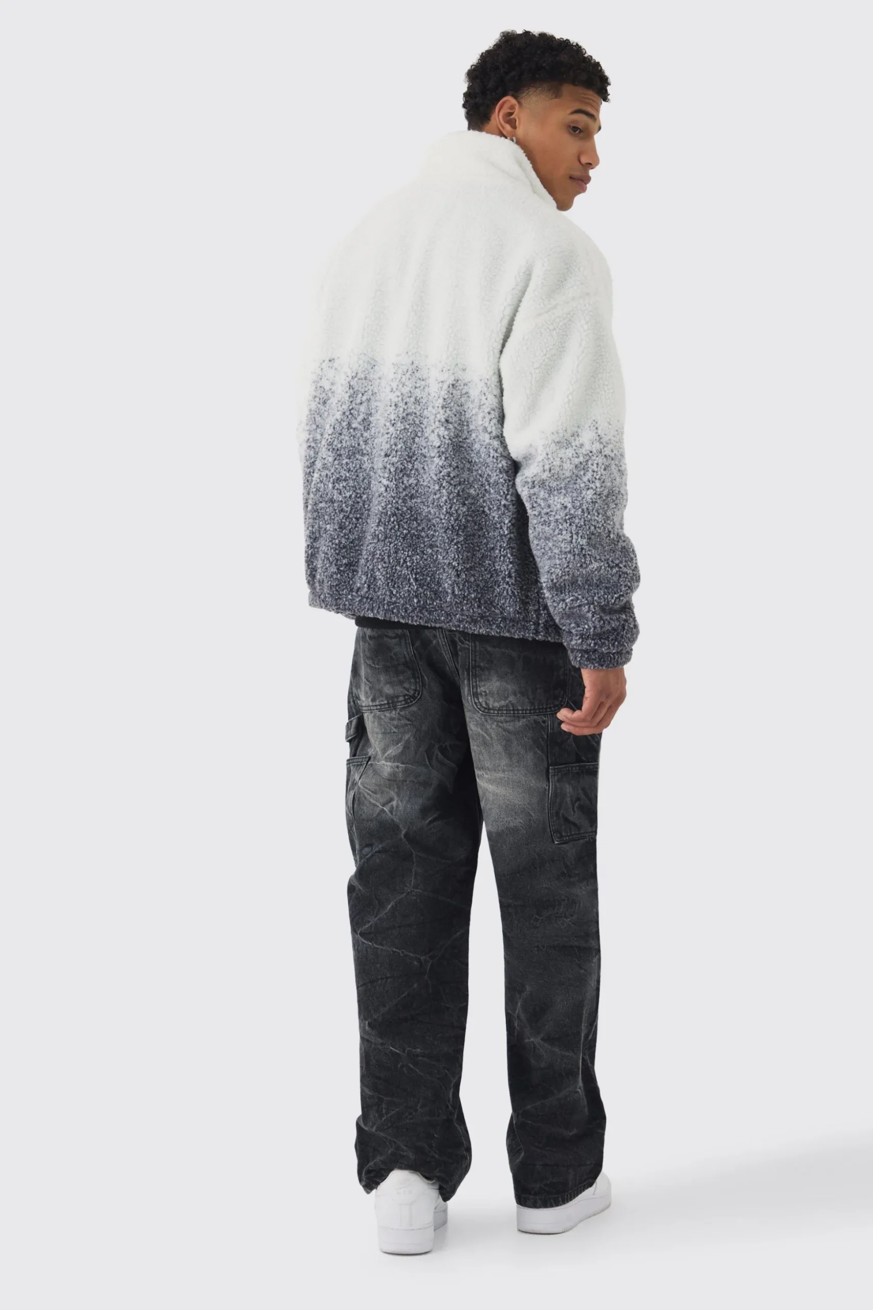 Oversized Ombre Borg Funnel Neck Jacket In Black | BoohooMAN UK